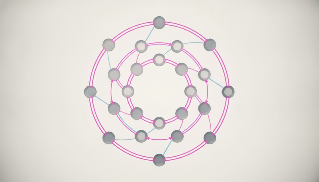 Verschachtelte Knoten-Orbits als Sinnbild für den agentischen Wissens-Agent, der Firmenwissen mit Quelle beantwortet